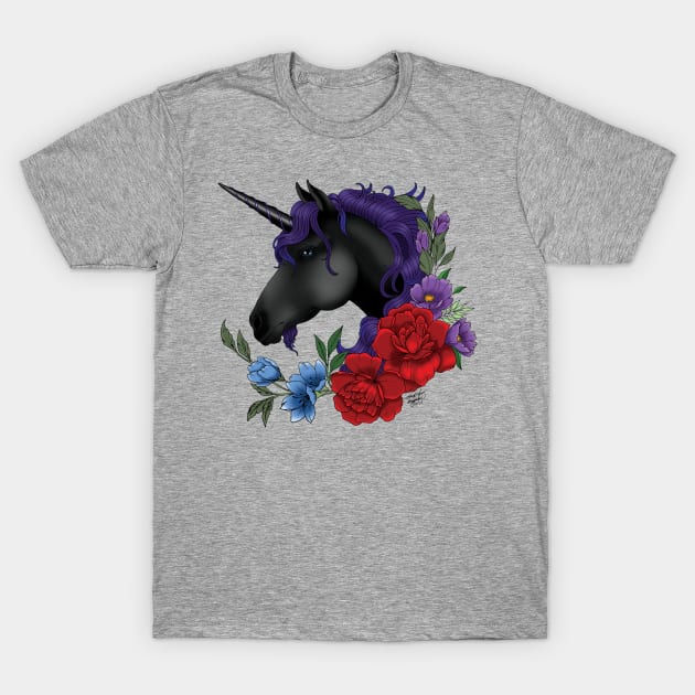 Black Unicorn and Flowers T-Shirt by tigressdragon